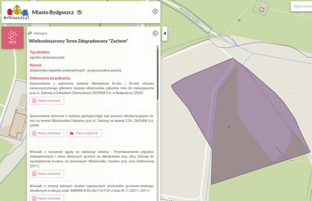 Obiekt WTZ na mapie i powiązane z nim dokumenty