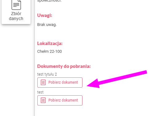 Lokalizacja linków do pobrania dokumentów w publicznym panelu karty.